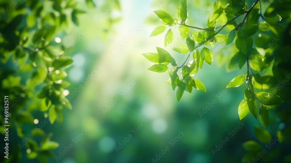 Sunlit green leaves with morning dew, creating a fresh and serene atmosphere, Perfect for illustrating themes of nature, growth, and tranquility in projects related to wellness Sunlit green leaves with morning dew, creating a fresh and serene atmosphere, Perfect for illustrating themes of nature, growth, and tranquility in projects related to wellness