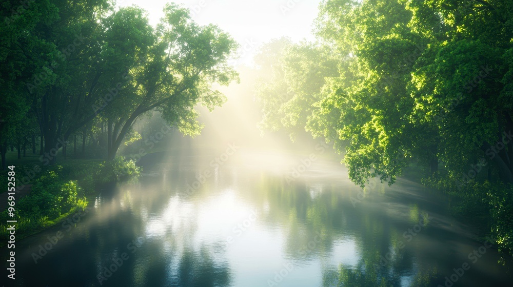 Fototapeta premium A serene, sun-drenched river surrounded by lush green trees ideal for nature, tranquility, and relaxation themes in advertising, blogs, or wellness content,