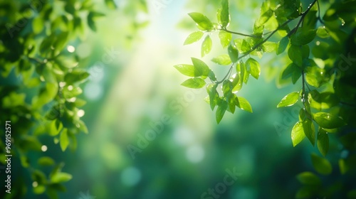 Sunlit green leaves with morning dew, creating a fresh and serene atmosphere, Perfect for illustrating themes of nature, growth, and tranquility in projects related to wellness