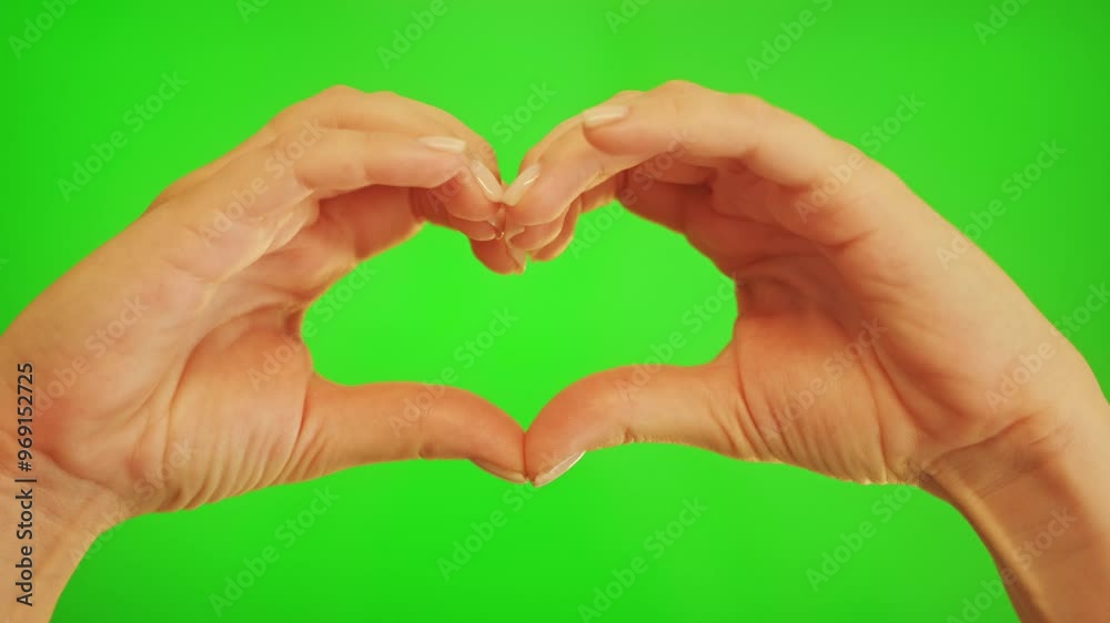 Hands and heart emoji on green screen for love, care against green background. Hand of female person showing loving shaped, sign or symbol for romantic gesture on mock up space.