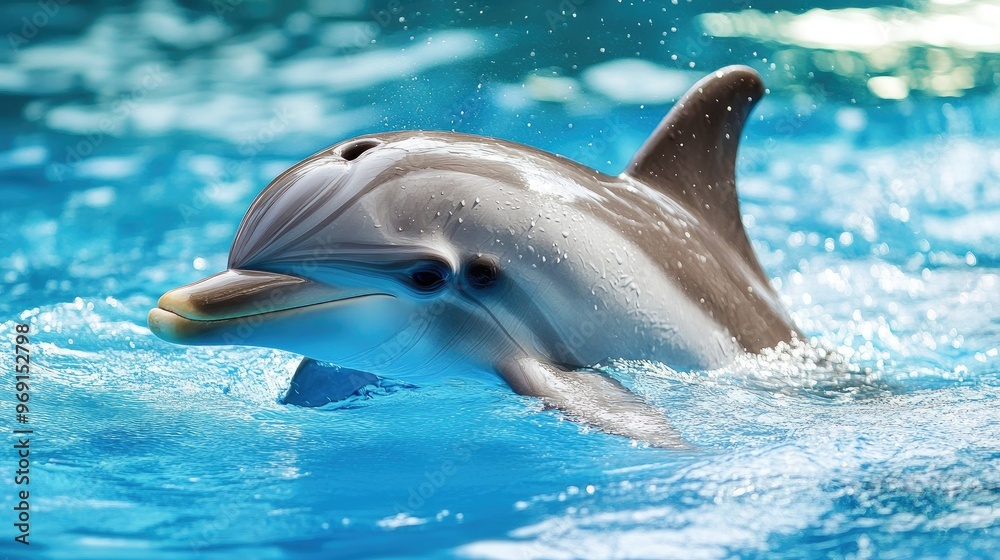 Fototapeta premium A dolphin surfacing for air, with droplets flying off its back and a clear blue ocean as the backdrop, showcasing its sleek form.