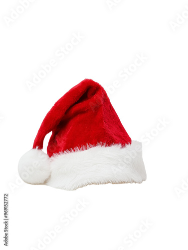 Santa Claus Christmas hat with white fur trim and pom-pom isolated on transparent background