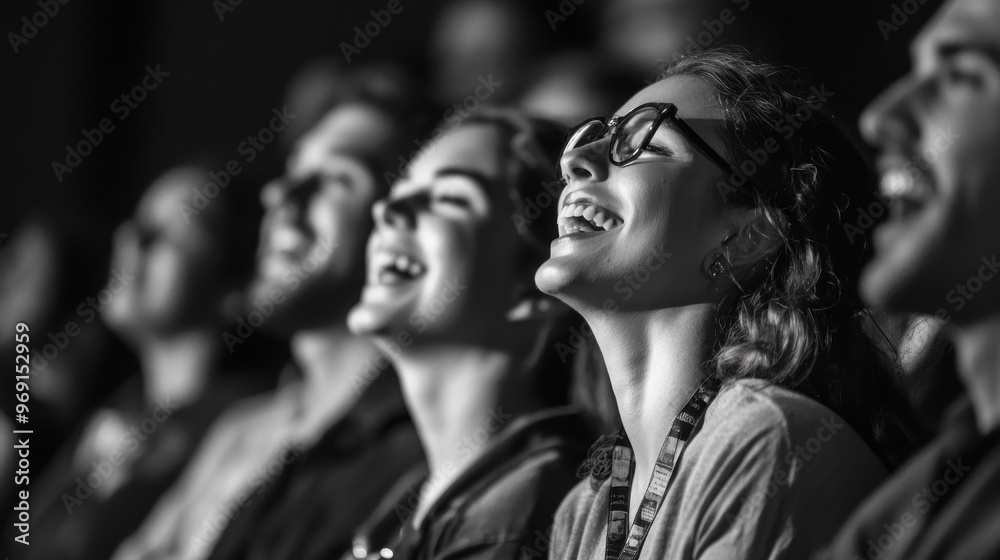 A group of people laughing and enjoying a performance in a darkened venue.