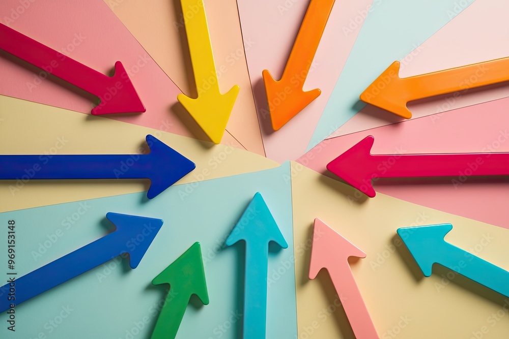 Colorful Arrows in Various Directions on Soft Pastel Background Representing Choice and Decision Making Colorful Arrows in Various Directions on Soft Pastel Background Representing Choice and Decision Making