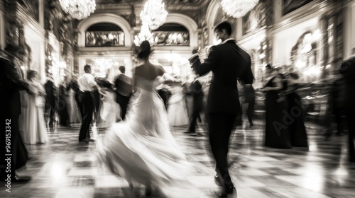 A blurred image of a couple dancing at a grand event, capturing elegance and celebration.