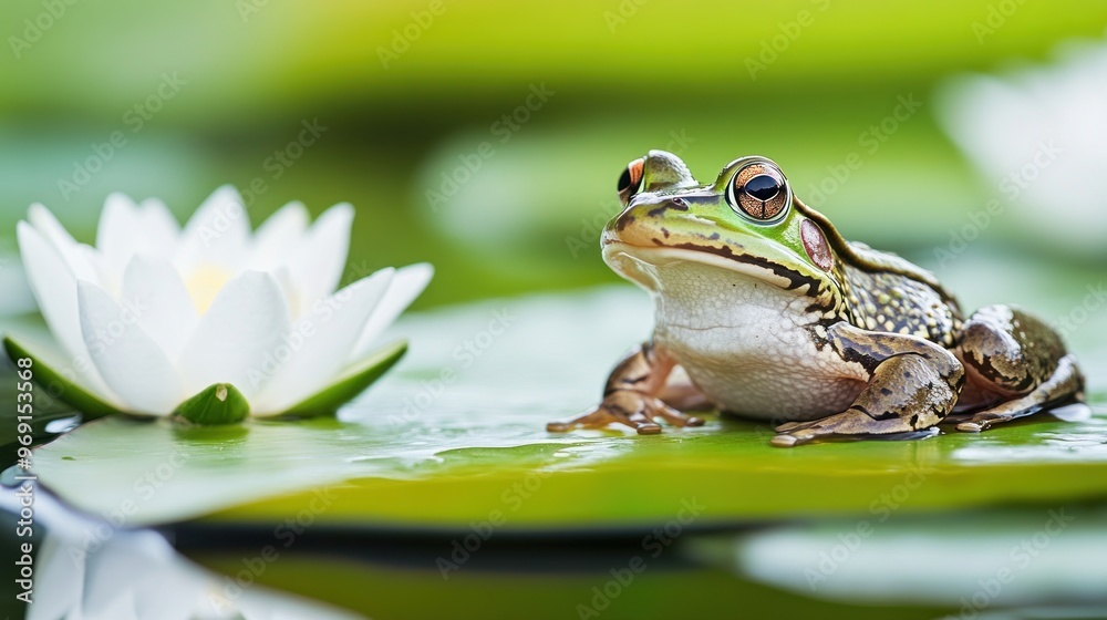 A frog resting on a lily pad near a blooming water lily in a serene pond setting. A frog resting on a lily pad near a blooming water lily in a serene pond setting.