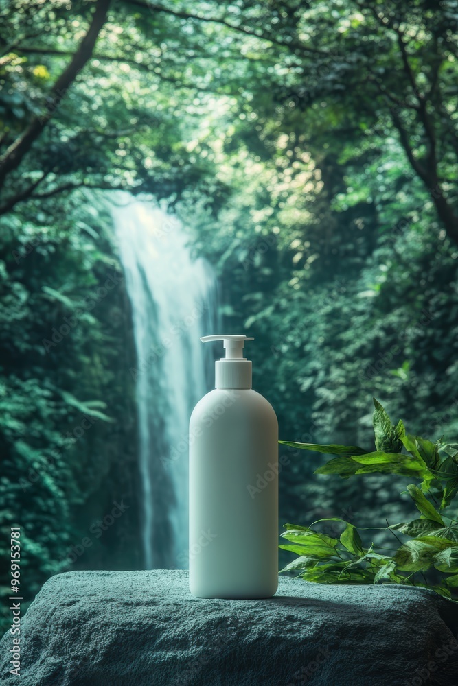 A photo of a white shampoo bottle on a textured s A photo of a white shampoo bottle on a textured s
