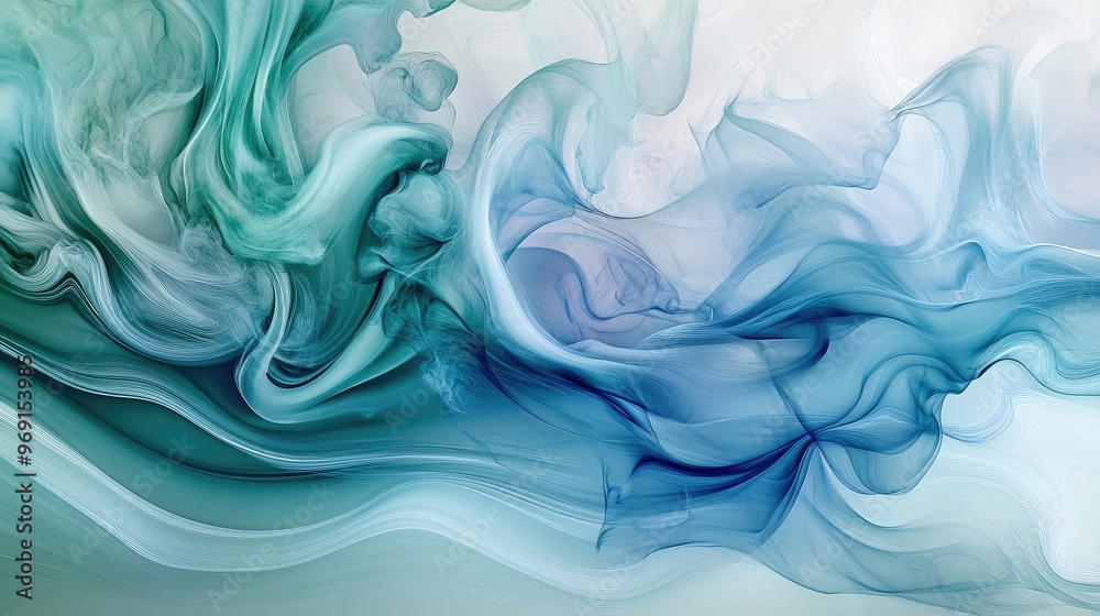 Obraz premium A dynamic display of swirling smoke in shades of blue and green, with intricate patterns forming and fading against a neutral background.