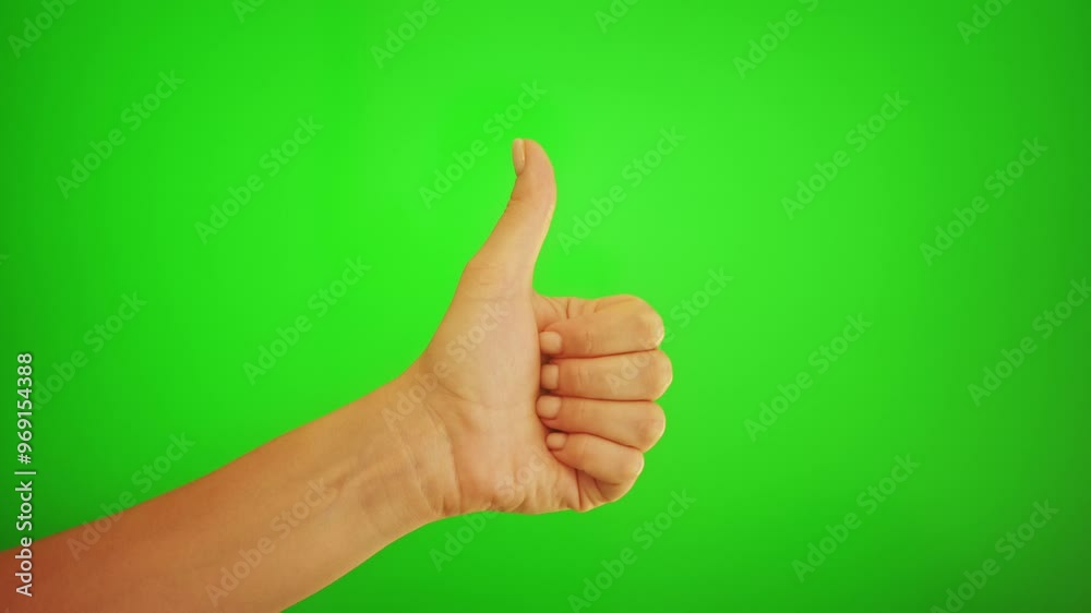 Hand showing like or thumb up, approval sign, satisfied with service, good feedback concept, posing isolated on green color background. Hand showing like or thumb up, approval sign, satisfied with service, good feedback concept, posing isolated on green color background.