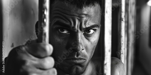 Man's face, close-up, behind bars. photo