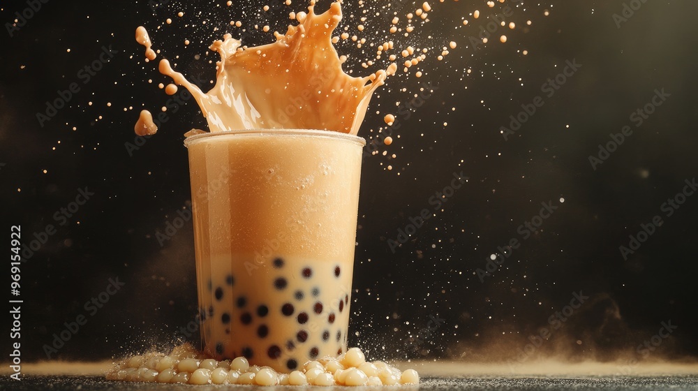 A dynamic shot of a bubble tea drink being poured from a shaker, with ...
