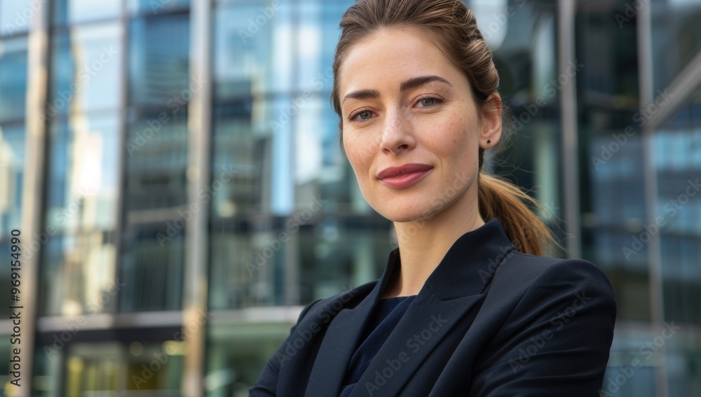 Confident businesswoman stands in front of an office building, wearing professional attire. outside a corporate building, copy space Confident businesswoman stands in front of an office building, wearing professional attire. outside a corporate building, copy space