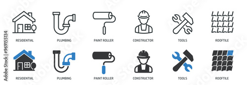 Construction line and glyph solid icons collection. Minimal icon and symbol series vector illustration