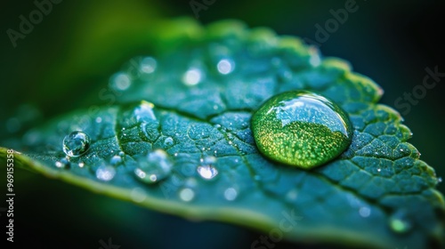 A close-up of a green leaf with water droplets, showcasing nature's beauty and detail.