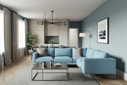 Scandinavian Great Room 3D Blueprint with Light Blue Sofa and Steel Coffee Table in Modern Apartment Design