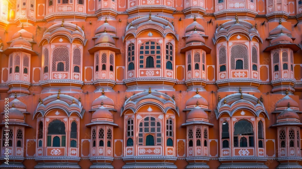Detailed view of beautiful pink palace windows with intricate designs in Jaipur, India, showcasing stunning architecture.
