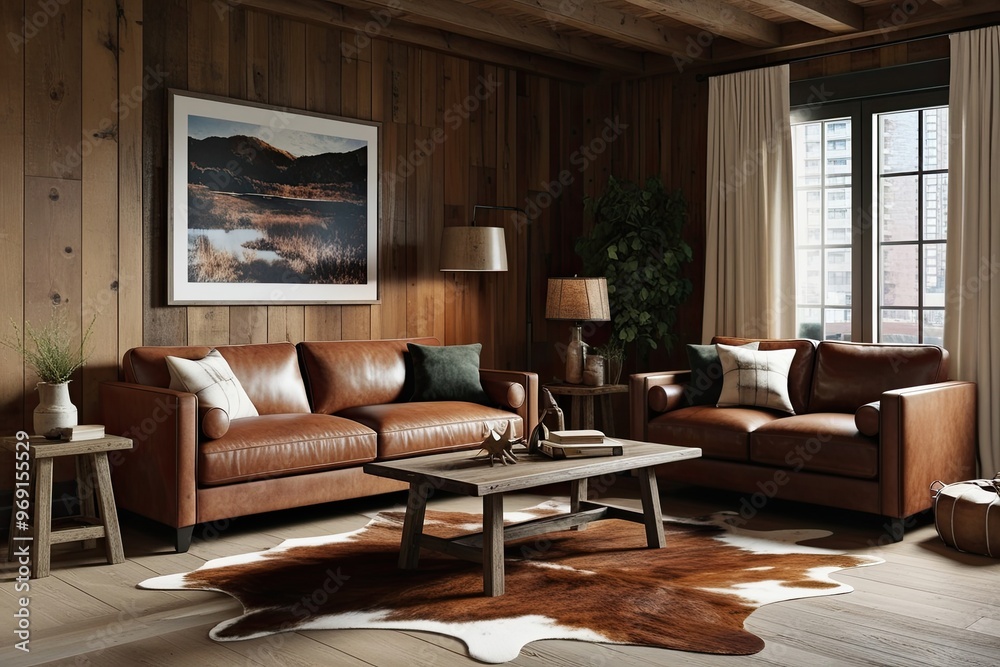 Rustic Living Room 3D Render Featuring Leather Couch Wooden Coffee Table and Animal Skin Rug in Cozy Apartment Design Rustic Living Room 3D Render Featuring Leather Couch Wooden Coffee Table and Animal Skin Rug in Cozy Apartment Design