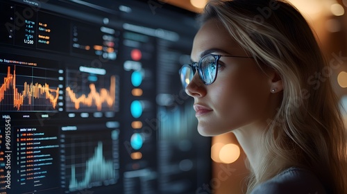 Businesswoman using a digital dashboard for analytics, sharp focus on data-driven insights, modern workspace, dynamic charts and graphs.