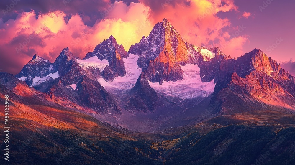 Majestic mountain landscape at sunset, showcasing vibrant colors and dramatic peaks. Majestic mountain landscape at sunset, showcasing vibrant colors and dramatic peaks.