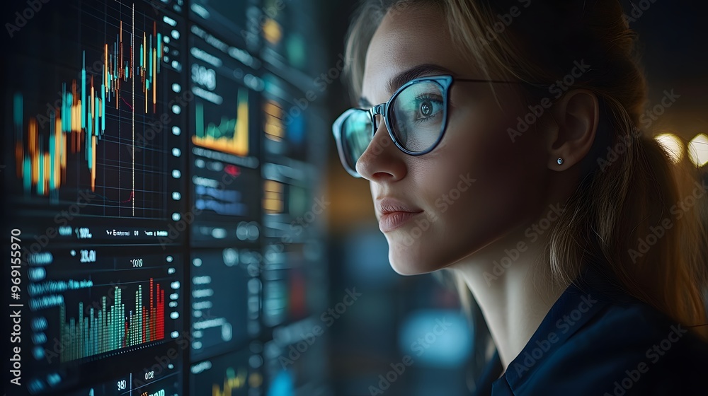 Businesswoman reviewing performance data on a dashboard, bright and professional office, detailed charts and graphs displayed on a digital interface. Businesswoman reviewing performance data on a dashboard, bright and professional office, detailed charts and graphs displayed on a digital interface.