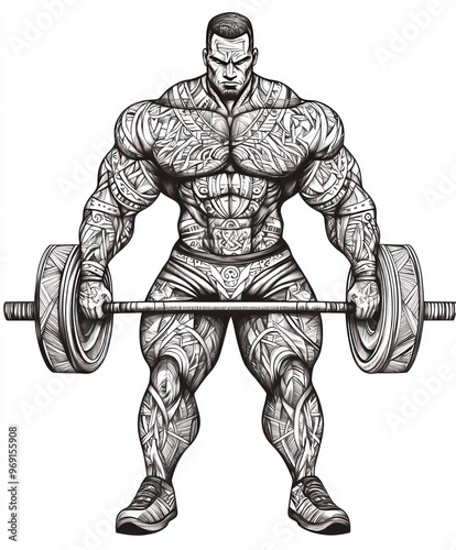 A muscular man with tattoos is lifting a barbell.