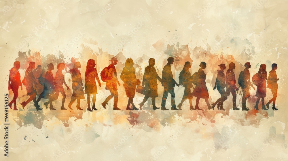custom made wallpaper toronto digitalColorful silhouette of diverse people walking in line watercolor abstract art