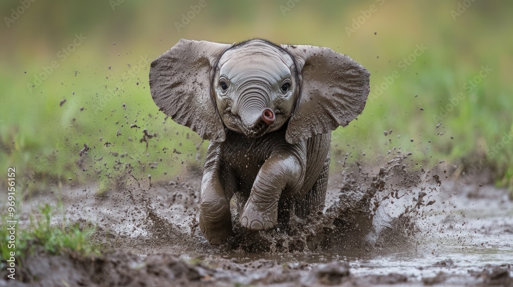 Fototapeta premium A playful baby elephant splashes through mud, showcasing its energy and joy in nature.