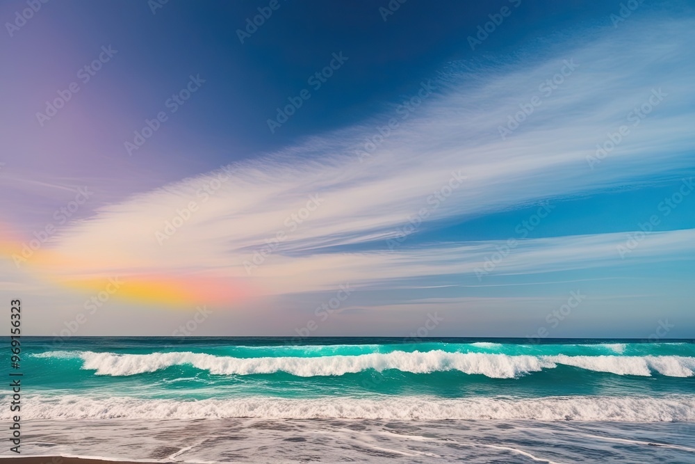 Fototapeta premium Vibrant Sky and Lush Ocean Waves with Colorful Gradient on White Background
