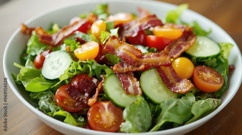 A fresh and colorful American-style salad with mixed greens, cherry tomatoes, cucumbers, and crispy bacon bits, drizzled with ranch dressing. A fresh and colorful American-style salad with mixed greens, cherry tomatoes, cucumbers, and crispy bacon bits, drizzled with ranch dressing.