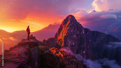 Obraz na płótnie A lone hiker admires a breathtaking sunrise over majestic mountains, capturing the beauty of nature and adventure in vibrant colors. w salonie