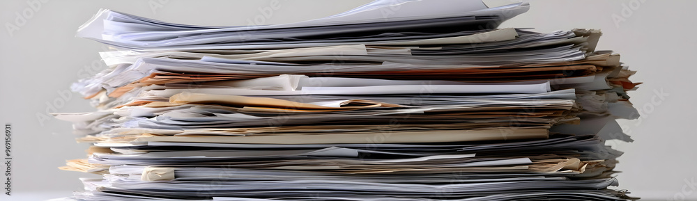 A cluttered stack of paper representing disorganization in an office or workspace, symbolizing paperwork and administrative tasks. A cluttered stack of paper representing disorganization in an office or workspace, symbolizing paperwork and administrative tasks.