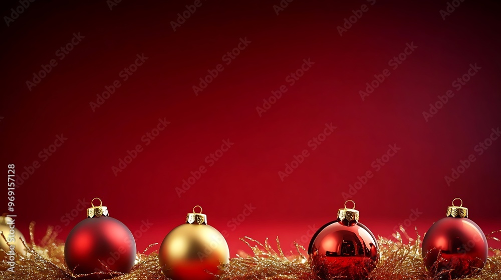 Classic Red Christmas Background with Gold Ornaments and Copy Space for Holiday Announcements, Invitations, or Marketing