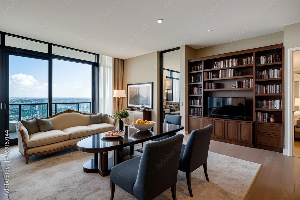 Fototapeta premium Elegant Condo 3D Visualization of Open Living Space Featuring Classic Sofa Functional Dining Area and Stylish Bookshelf with Scenic Views