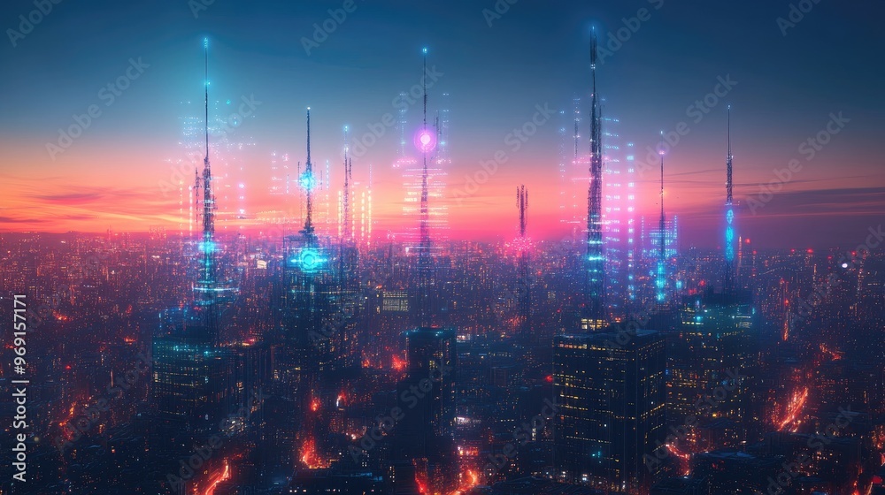 Obraz premium A futuristic cityscape with tall radio towers emitting glowing waves, symbolizing the role of radio in modern communication networks.