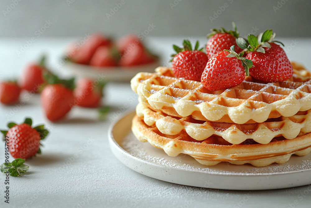 Delicious golden Viennese or Belgian waffles topped with fresh berries and strawberries on plate. Cozy lazy morning homemade recipe baking breakfast. Sweet dessert for restaurant and cafe menu Delicious golden Viennese or Belgian waffles topped with fresh berries and strawberries on plate. Cozy lazy morning homemade recipe baking breakfast. Sweet dessert for restaurant and cafe menu