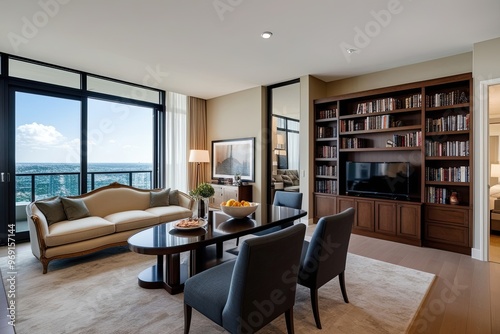 Elegant Condo 3D Visualization of Open Living Space Featuring Classic Sofa Functional Dining Area and Stylish Bookshelf with Scenic Views