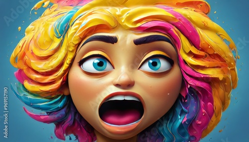 A vivid cartoon illustration of a girl with rainbow-colored hair and a shocked expression, featuring wide eyes and an open mouth, set against a plain blue background.. AI Generation