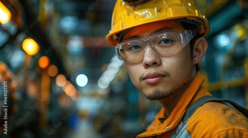 A diligent worker wearing a yellow safety helmet and clear protective glasses stands in a brightly illuminated industrial environment A diligent worker wearing a yellow safety helmet and clear protective glasses stands in a brightly illuminated industrial environment
