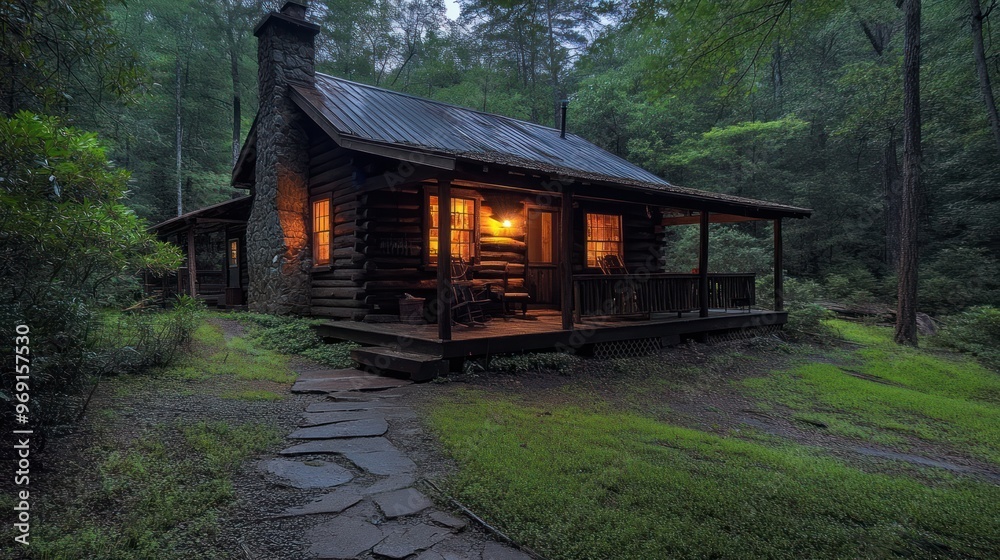 A cozy log cabin surrounded by lush greenery, illuminated warmly at dusk. A cozy log cabin surrounded by lush greenery, illuminated warmly at dusk.