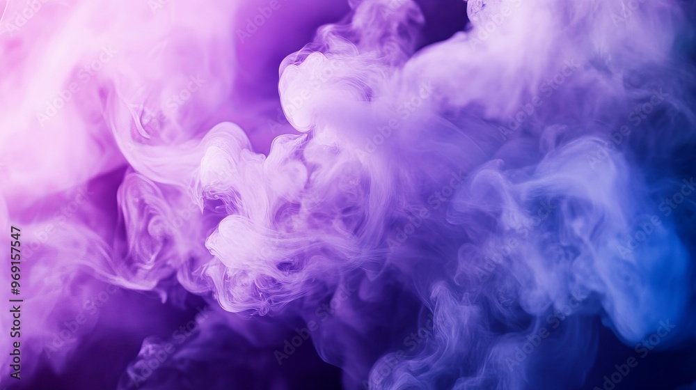 Fototapeta premium Vibrant purple smoke swirling in the air, abstract background with soft, flowing wisps of misty haze creating a dreamy, ethereal atmosphere.
