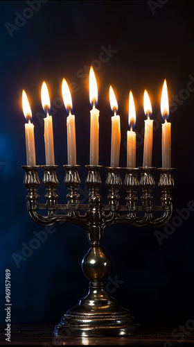 Traditional Menorah with Seven Lit Candles on Dark Background