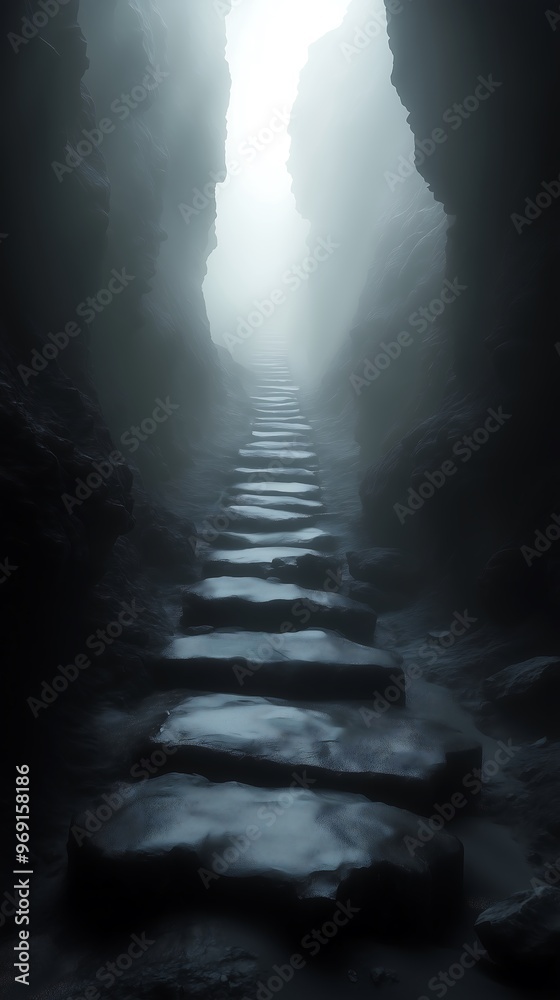 Mysterious Foggy Path Through Narrow Rocky Canyon in Darkness