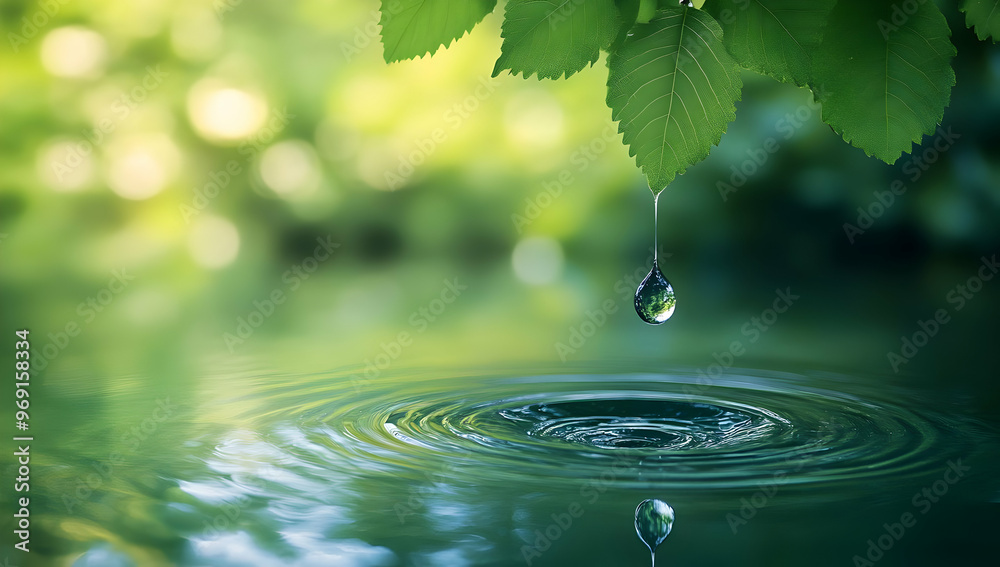 A serene image capturing a water droplet falling into a calm water surface, surrounded by vibrant green leaves. A serene image capturing a water droplet falling into a calm water surface, surrounded by vibrant green leaves.