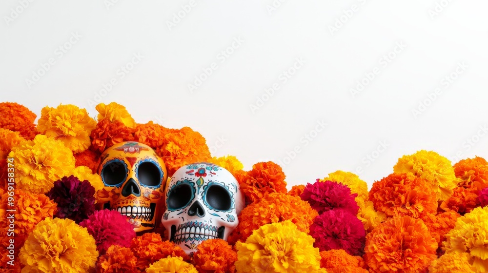 Colorful skulls surrounded by vibrant marigold flowers on a white background, celebrating Day of the Dead tradition. Colorful skulls surrounded by vibrant marigold flowers on a white background, celebrating Day of the Dead tradition.