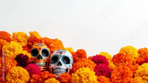 Colorful skulls surrounded by vibrant marigold flowers on a white background, celebrating Day of the Dead tradition.