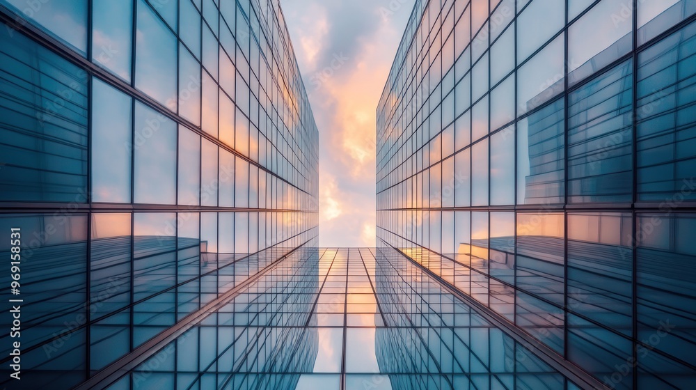 A view of modern glass buildings reflecting a colorful sunset sky. A view of modern glass buildings reflecting a colorful sunset sky.