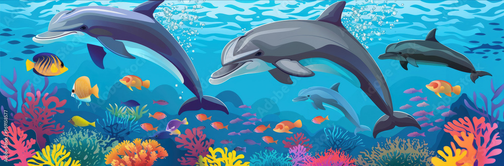 Fototapeta premium Playful dolphins swim gracefully in a vibrant underwater landscape filled with colorful coral and various tropical fish