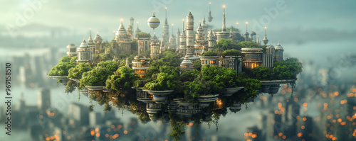 Sustainable Futuristic Flying City. High Altitude, Airborne, Hovering, Biotech Green Design, New Energy Sources. Ecology, Climate Change, Overpopulation, Global Warming. Utopia World, Planet Earth
