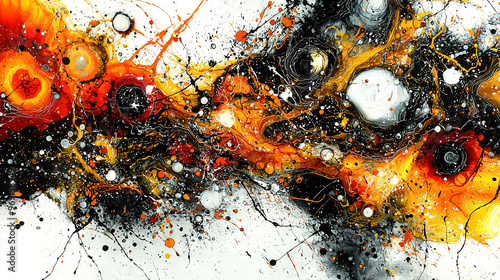   An abstract painting with splattered black, orange, and white paint on the bottom half photo