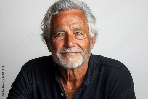 charismatic silverhaired senior man with warm smile and twinkling eyes exuding vitality and wisdom against clean white background embodying positive aging photo